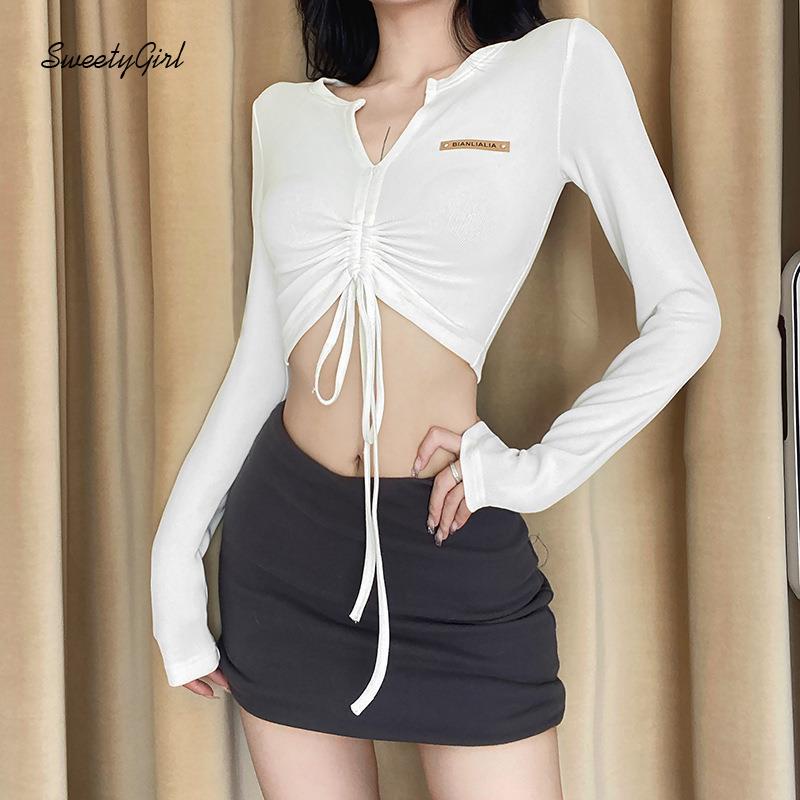 Áo Thun Tay Dài Cổ Chữ V Màu Trơn Dáng Ôm Thời Trang 2022 Quyến Rũ Cho Nữ