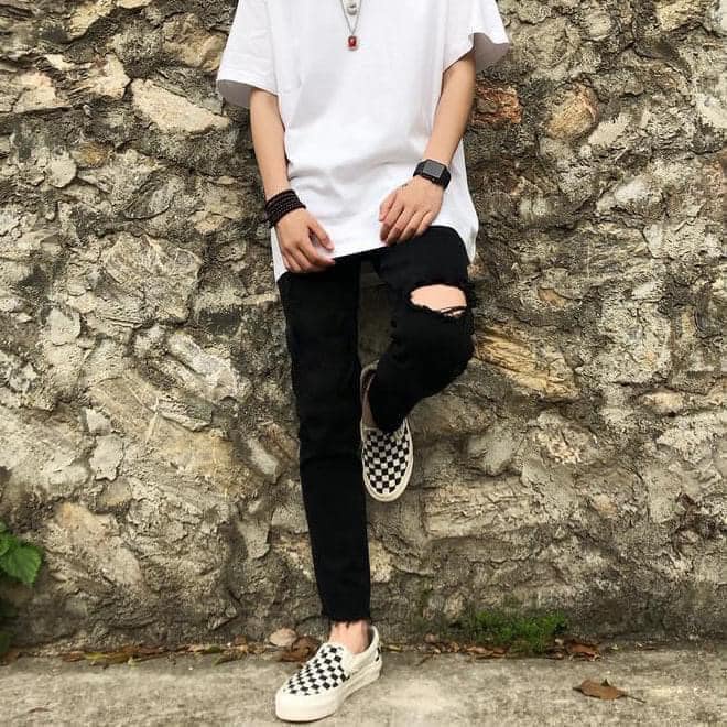 Quần jean nam đen chất bò rách gối đùi 1 bên co giãn cực tốt dáng ôm phom slimfit skinny VNXK Pon.mens