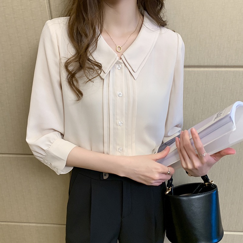 Áo Sơ Mi Chiffon Tay Lửng Cổ Búp Bê Xếp Ly Hai Lớp Màu Trắng Thời Trang Mùa Hè Dành Cho Nữ