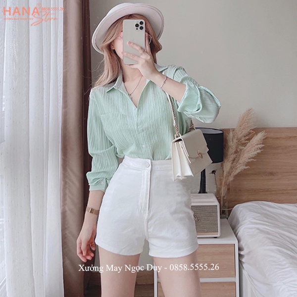 Áo sơ mi nữ form rộng tay dài kiểu đi học hẹn hò công sở phong cách Hàn Quốc Vintage vải xốp gân trơn cao cấp mềm mát