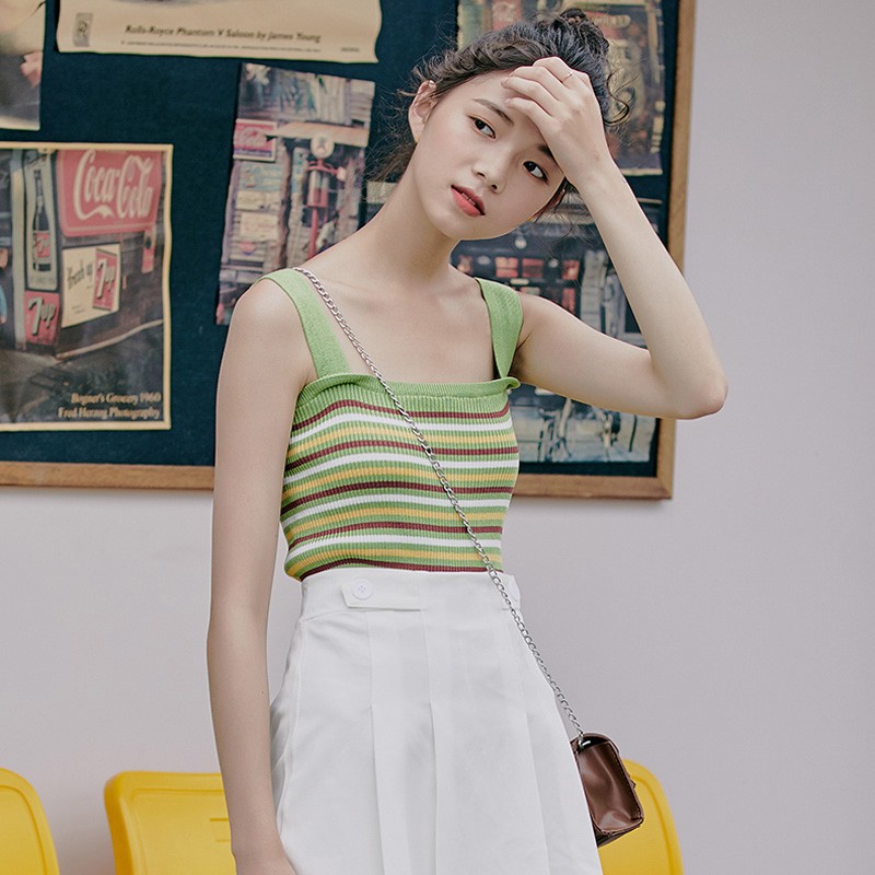 [Baywellfashion]Áo hai dây dệt kim phối họa tiết sọc ngang trẻ trung dành cho nữ | BigBuy360 - bigbuy360.vn