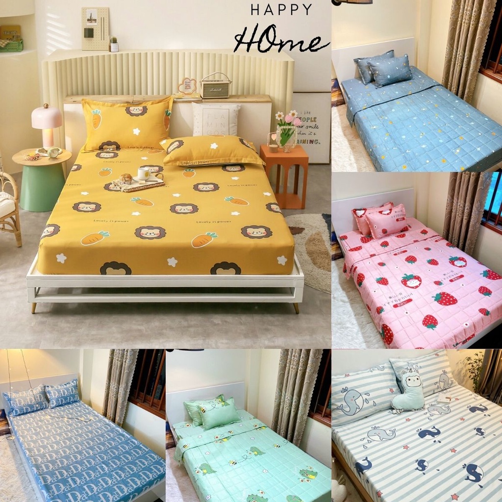 Bộ ga gối trải giường 2m2x2m bo chun miễn phí, bộ ga giường cotton poly mềm mịn, thấm hút mồ hôi Happy Home