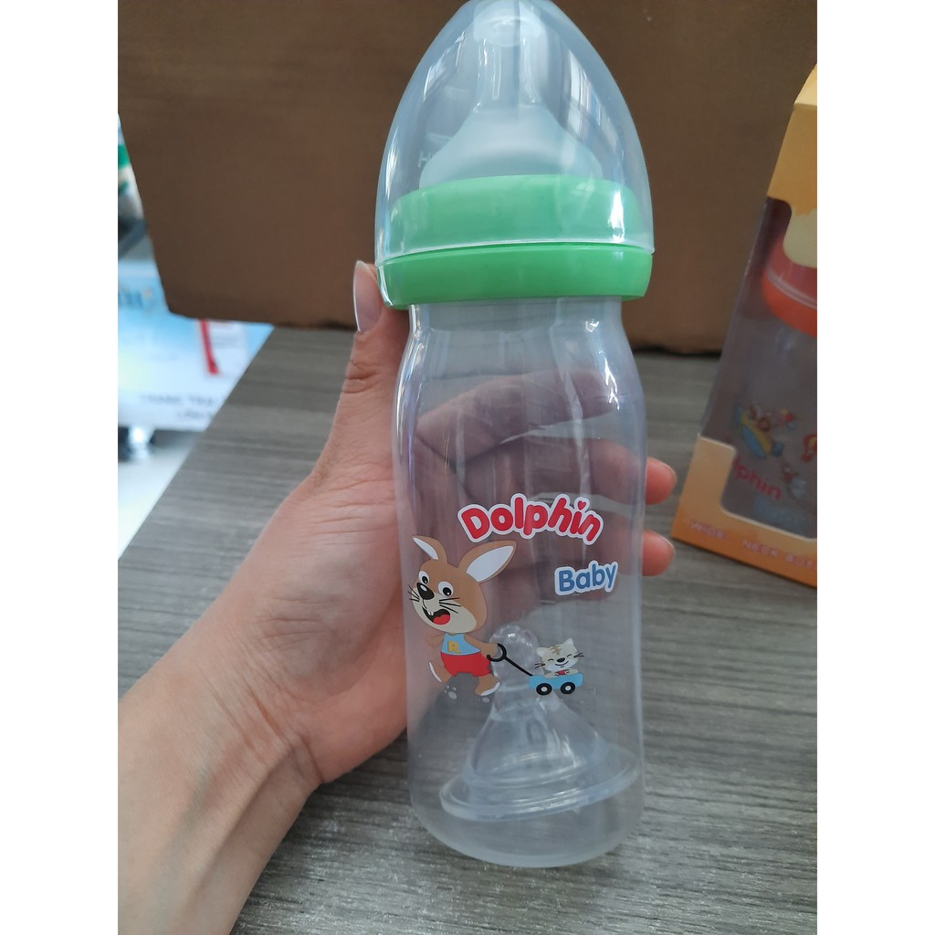 (Tặng núm cho bé) Bình sữa Dolphin cổ rộng 160ml và 240ml