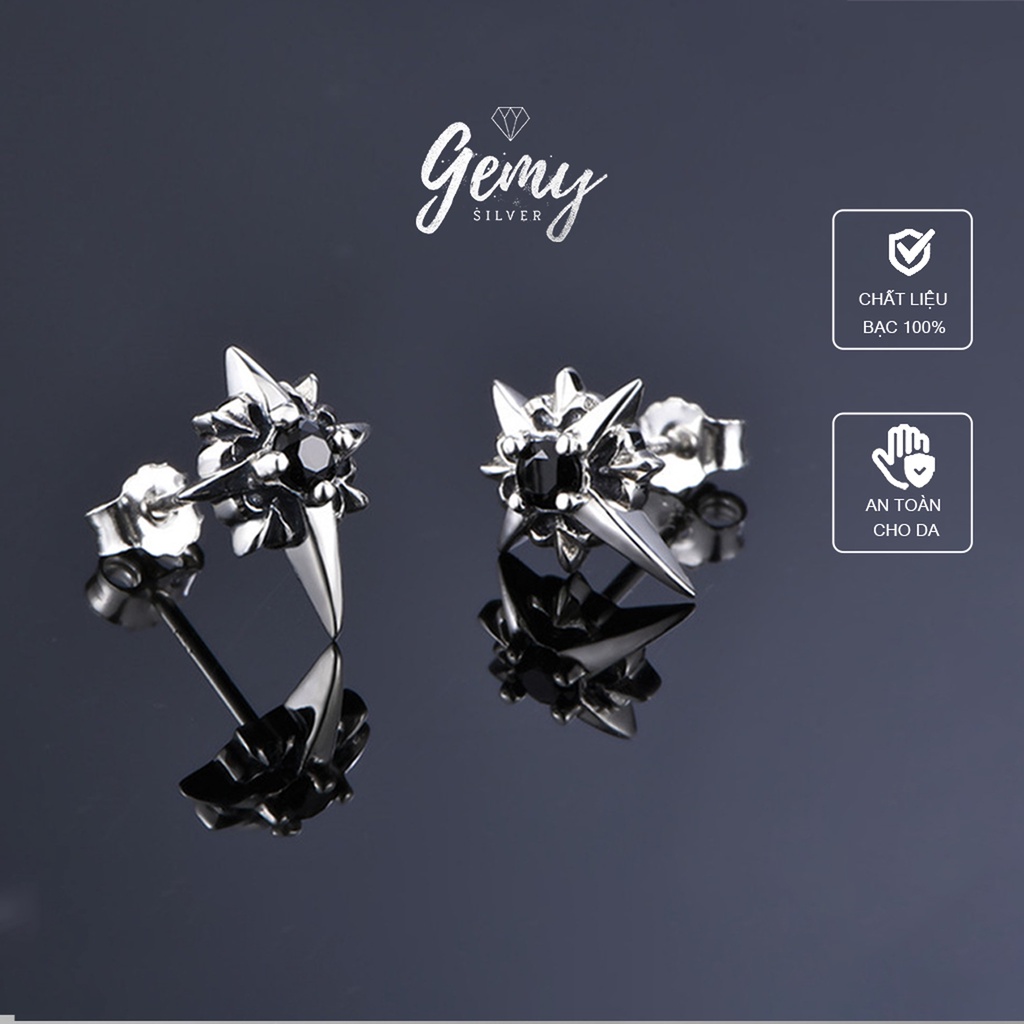 Khuyên tai nam nữ bạc 925 đính đá đen Dark King cá tính, thời trang unisex (1 chiếc) | GEMY SILVER KN32