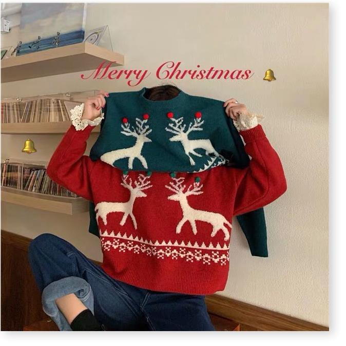 Xả Tết 2021 - Áo len đỏ xanh tuần lộc xinh đi chơi noel * :