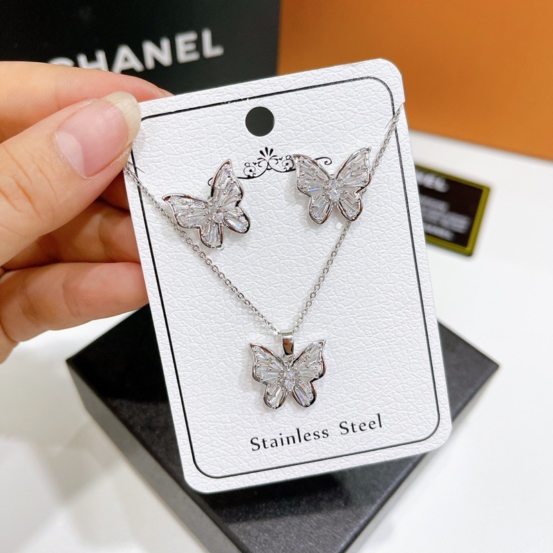 Sét Vòng Cổ &amp; Bông Tai Mặt Bướm,Bạc 925 , bộ trang sức vòng cổ &amp; bông tai bạc 925 thời trang - Hari Korea Accessories