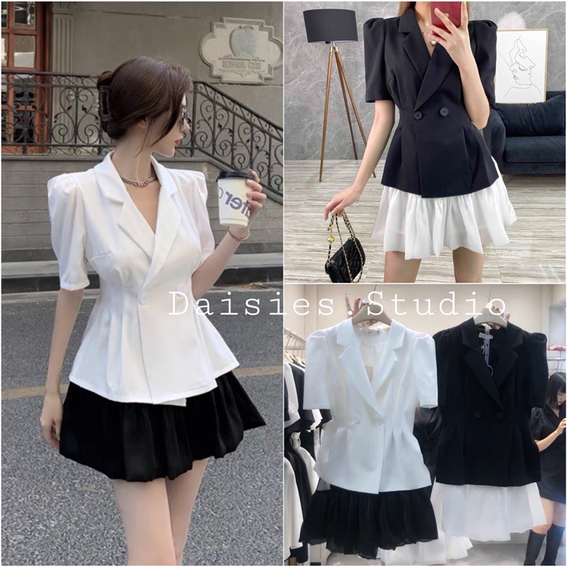 🤍Set Áo Vest Cổ V Nút Eo Mix Chân Váy Xếp Li🖤HÀNG CHUẨN QUẢNG CHÂU LOẠI 1⚡️Không Đẹp Trả Shop Nhé