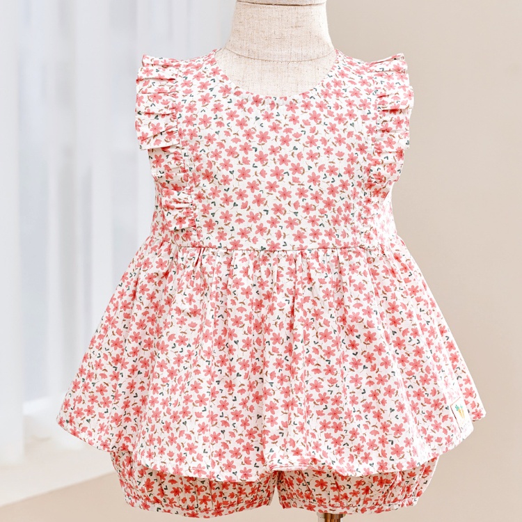 Bộ Đồ Carrot Cho Bé Gái, Họa Tiết Hoa Nhí Hồng, Tay Cánh Tiên Dáng Xòe, Chất Thô Cotton Thoáng Mát Thấm Hút Mồ Hôi Tốt