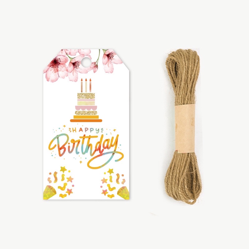 set 10 tag treo Happy Birthday size 4 x 7 cm kèm dây