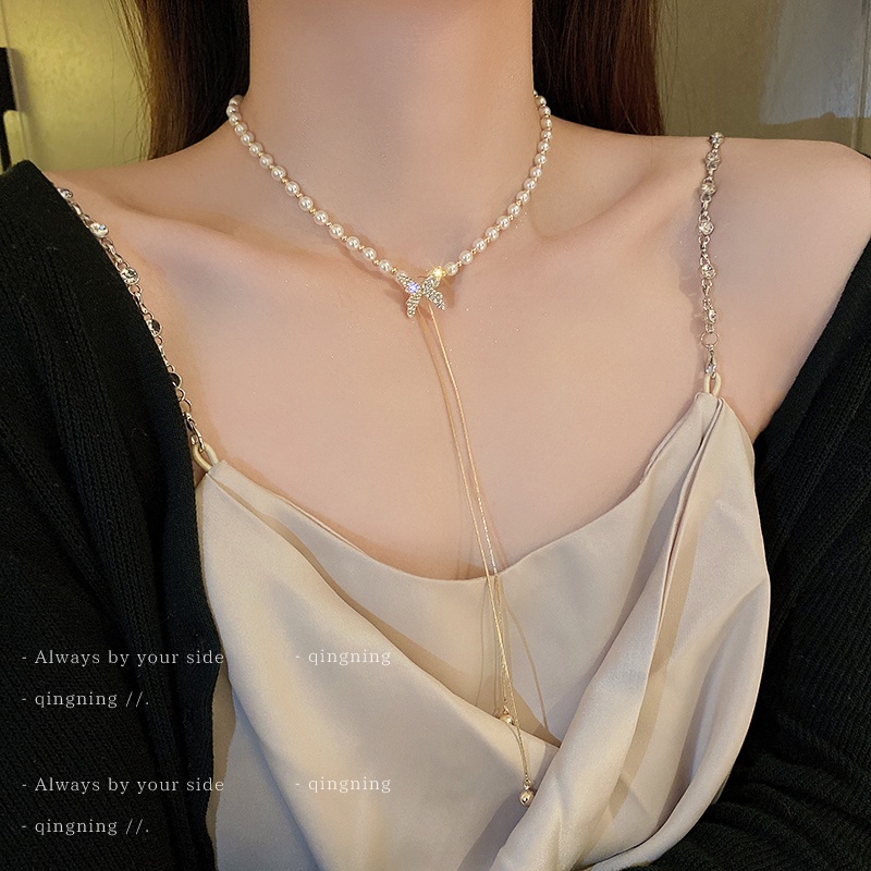 Vòng cổ Dài Mặt Hình Bướm Đính Ngọc Trai Thời Trang