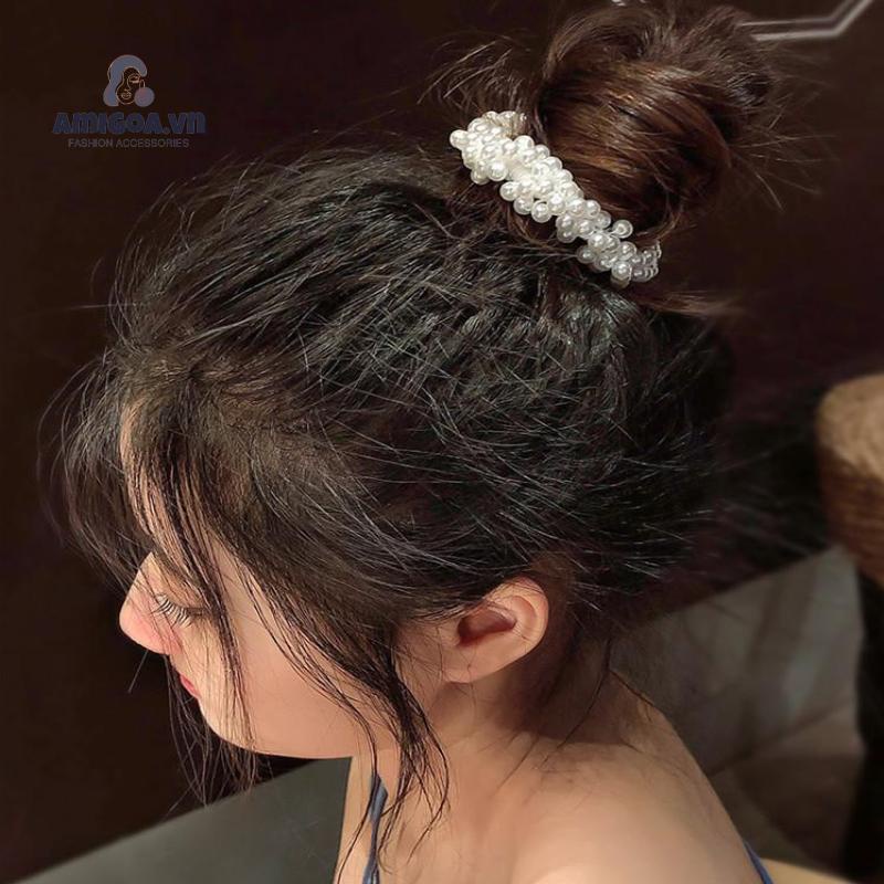 Dây Buộc Tóc Cao Su Co Giãn Đính Hạt Ngọc Trai Giả Xinh Xắn