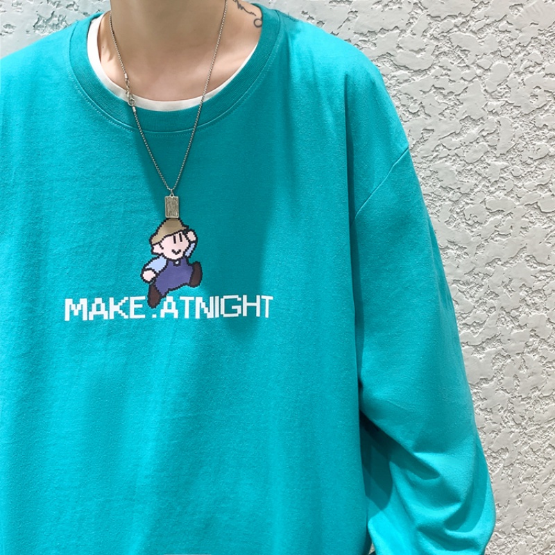 Áo Thun Tay Dài Cổ Tròn Dáng Rộng In Họa Tiết Hoạt Hình Dễ Phối Đồ Thời Trang Cho Nam Size M-5XL