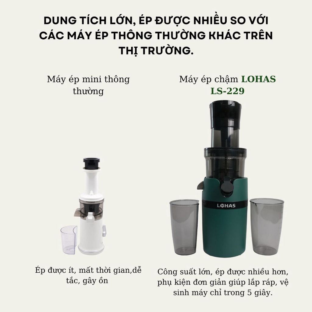 Máy Ép Chậm, Ép Trái Cây Cao Cấp Thương Hiệu LOHAS LS-229 Công Suất Lên Tới 200W, Làm Kem, Sữa Hạt