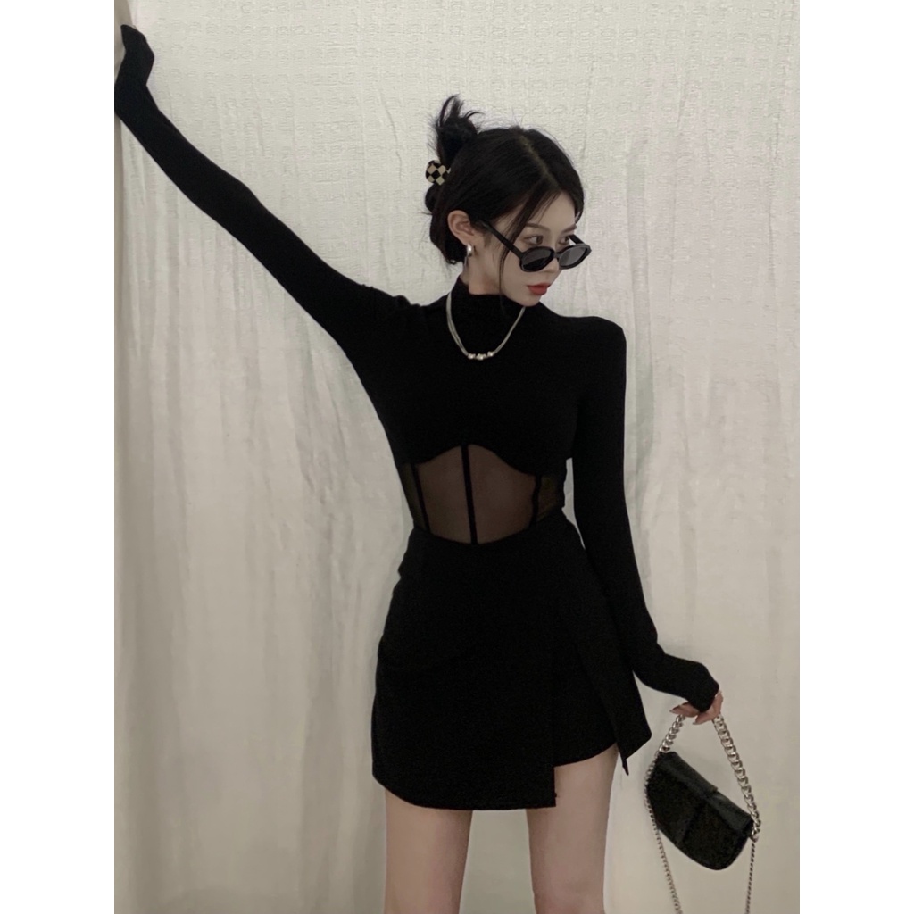 Cocory vn Đầm phối lưới tay dài khâu mỏng gợi cảm cho nữ