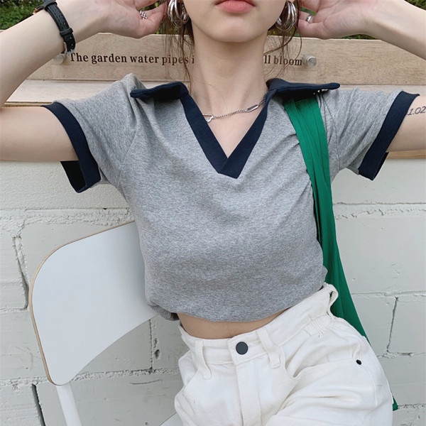 Áo polo Ngắn Tay Phối Màu Tương Phản Thời Trang Mùa Hè Hàn Quốc Cho Nữ