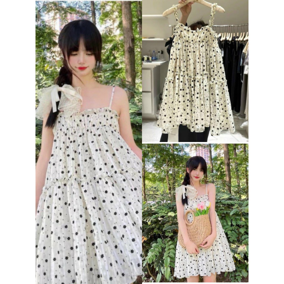 Đầm Nữ 2 Dây Hoa Nhí Đen Ngực Bèo 2 Dây Babydoll - Váy Nữ Dáng Ngắn Chất Voan | BigBuy360 - bigbuy360.vn