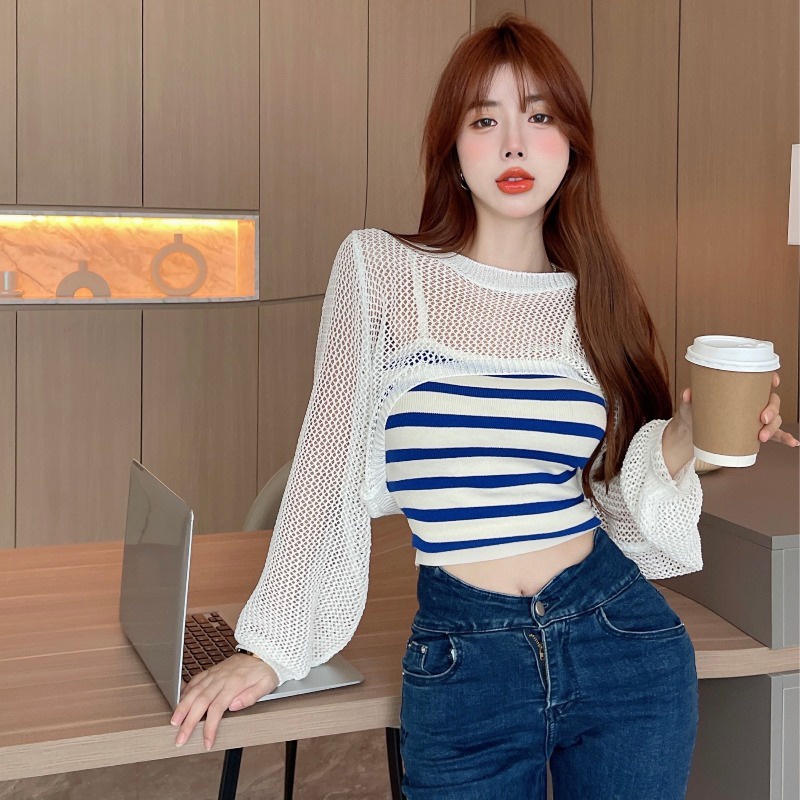 Set Áo Thun Dài Tay Sọc Ngang + Áo Khoác Ngoài Không Tay Thời Trang Nữ