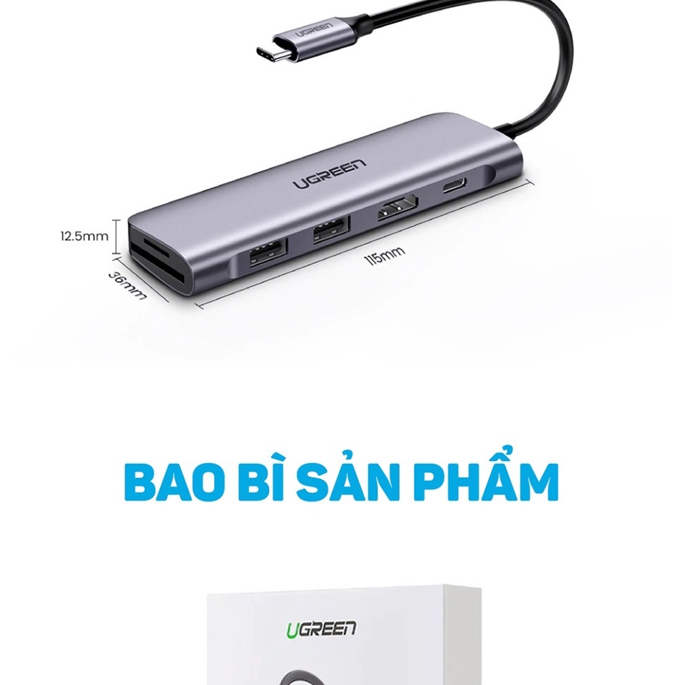 HUB bộ chuyển đổi USB Type C sang HDMI/USB 3.0/SD/TF hỗ trợ sạc cổng USB Type-C chính hãng Ugreen 70411