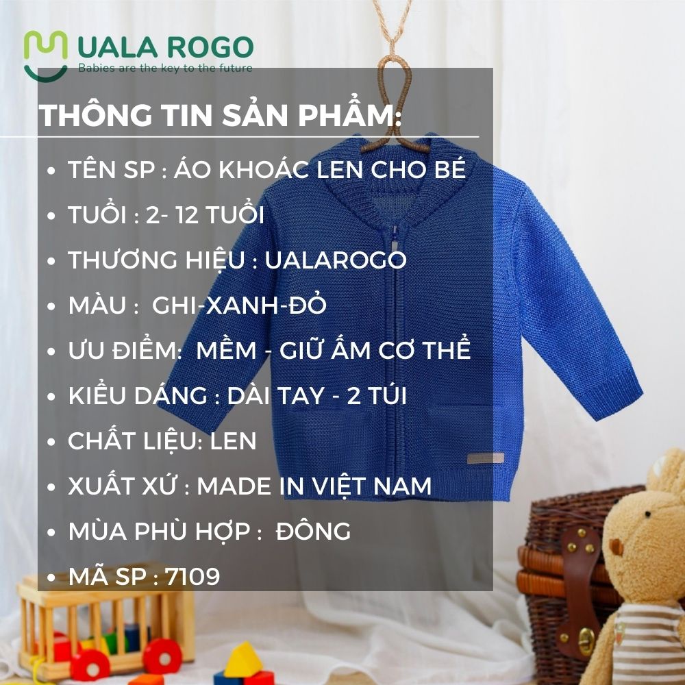 Áo khoác len cho bé Ualarogo 2-12 tuổi kéo khóa dài tay cổ sam có 2 túi trơn 1 màu giữ ấm 7109 7023