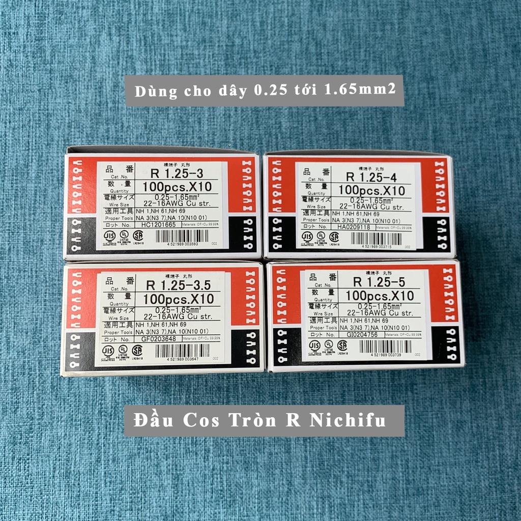 Đầu cos tròn R1.25 Nichifu Nhật Bản - Dạng tròn loại trần - Cho dây 0.25~1.65mm2 - R1.25-3 R1.25-3.5 R1.25-4 R1.25-5