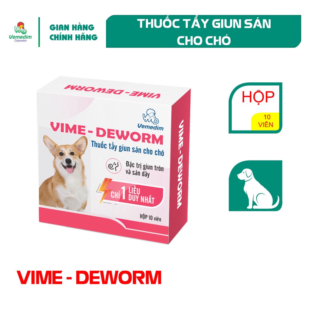 Vemedim Vime-Deworm viên dùng cho chó hết giun sán, phù hợp các loại chó, hộp 10 viên