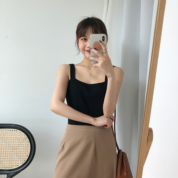 SUXI Áo 2 dây màu trơn phong cách Hàn Quốc xinh xắn cho nữ