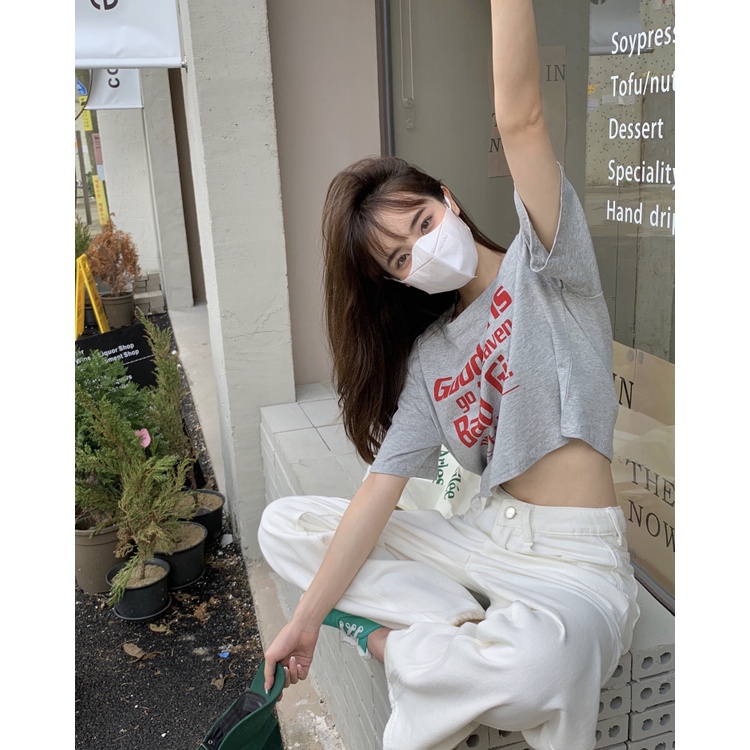 Áo thun croptop ngắn tay in chữ thời trang Hàn Quốc dành cho nữ