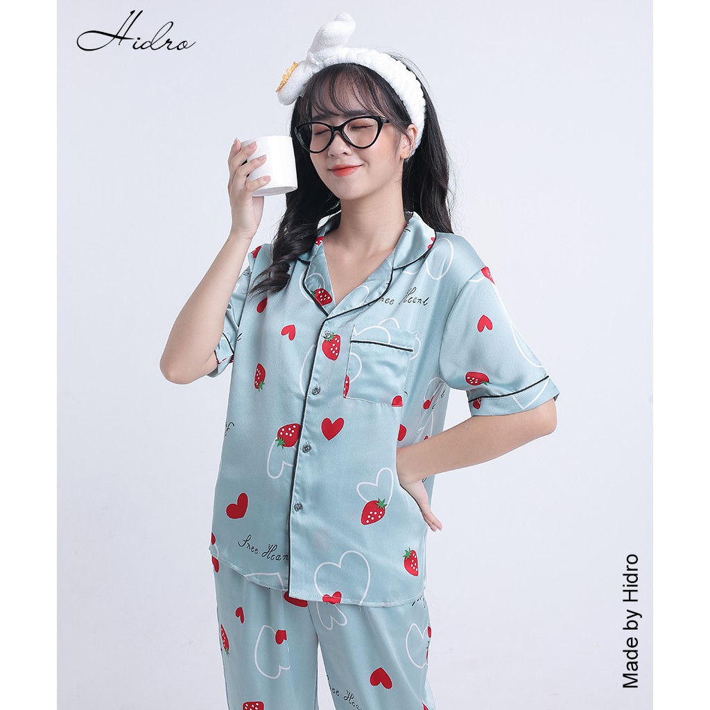 HIDRO Bộ pijama lụa satin tay cộc quần dài
