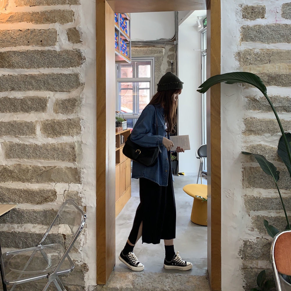 COZOK Áo sơ mi denim tay dài form rộng theo phong cách Vintage