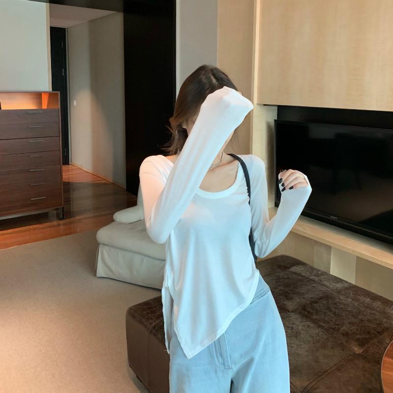 Áo Thun Mỏng Cổ Tròn Dáng Rộng Xẻ Tà Phong Cách Hàn Quốc Thời Trang Xuân Thu Mới Cho Nữ
