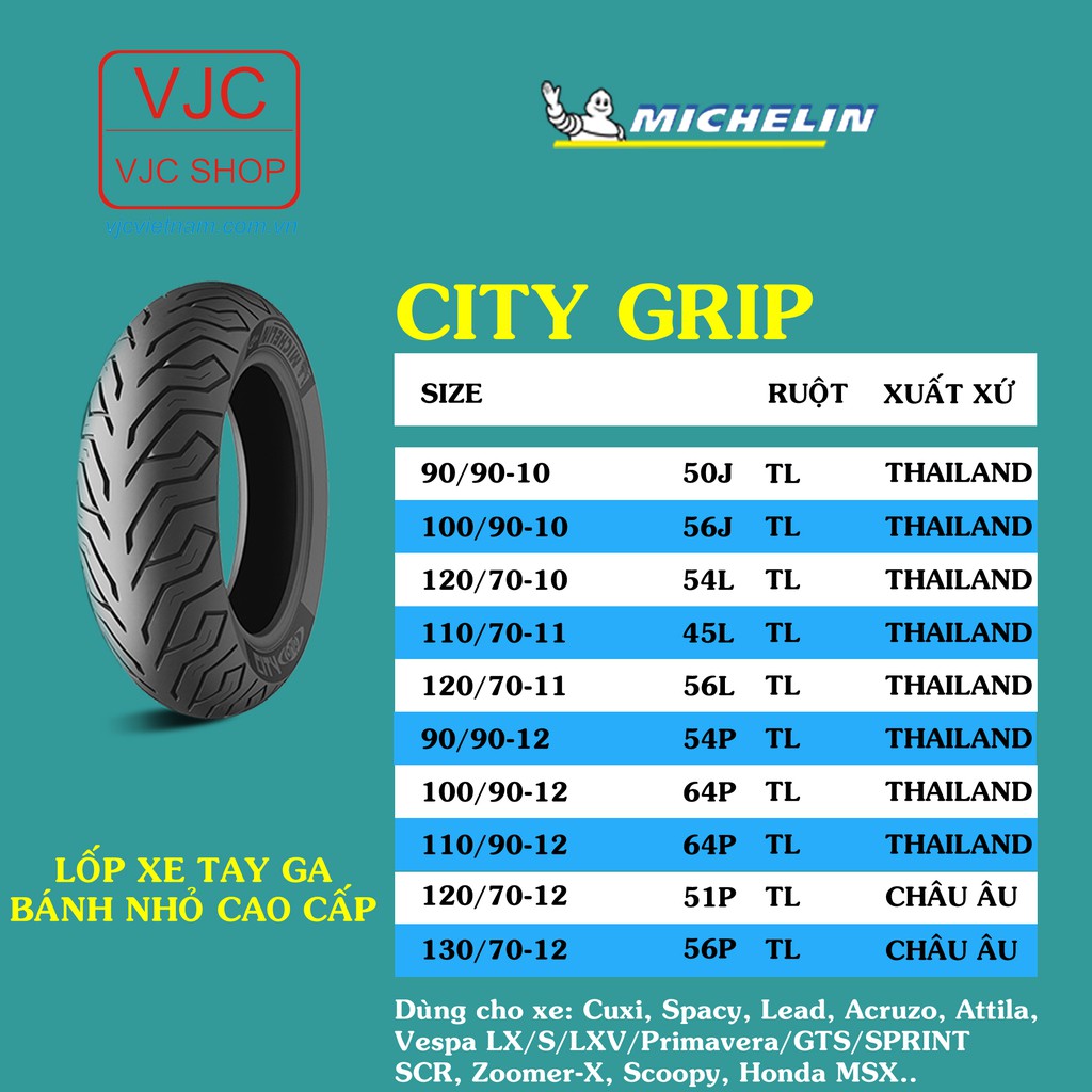 Vỏ xe Michelin City Grip 90/90-10 TL Thái Lan