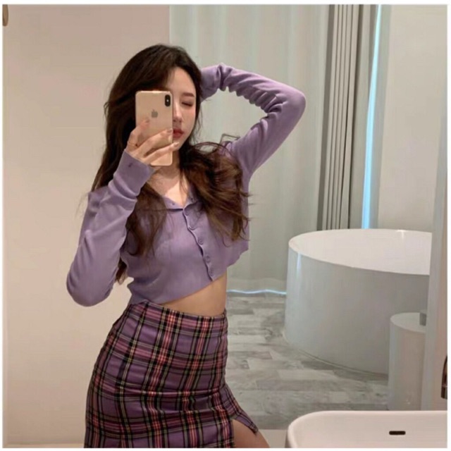 [RẺ VÔ ĐỊCH Áo Croptop Yan Cổ Tim Tay Dài Phối Khuy Unisex