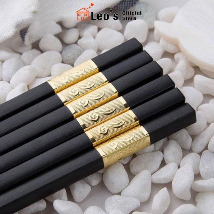 Đũa mạ vàng cao cấp phong cách Hàn Quốc, Nhật Bản, đũa nhựa đen hợp kim mạ vàng chống trơn Leo's-Officail