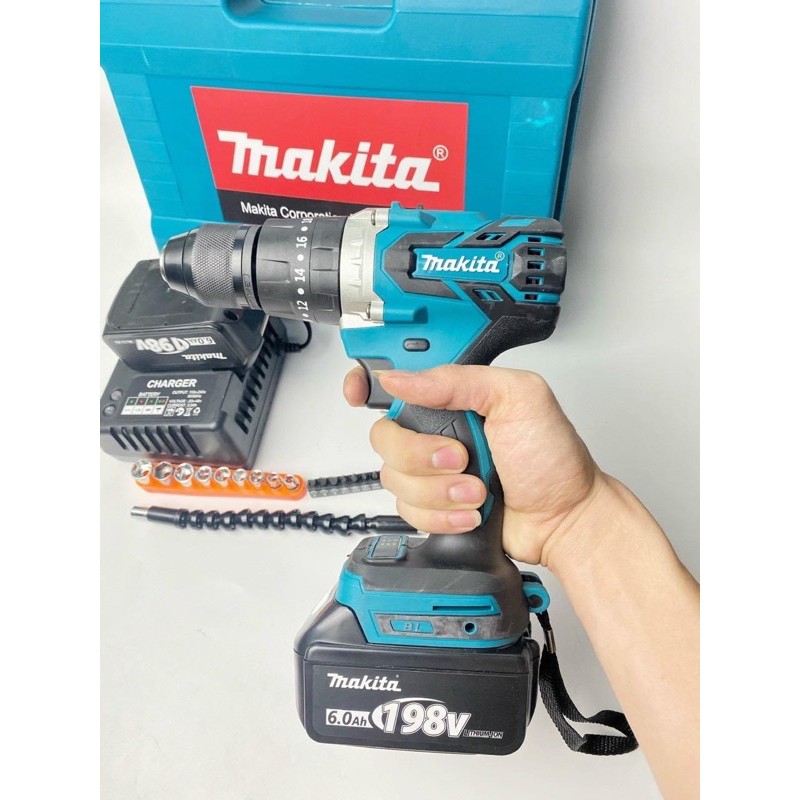 máy khoan không than makita 198v đầu autolook 13mm.bắt vít,tôn,khoang. Tặng bộ phụ kiện 24 chi tiết