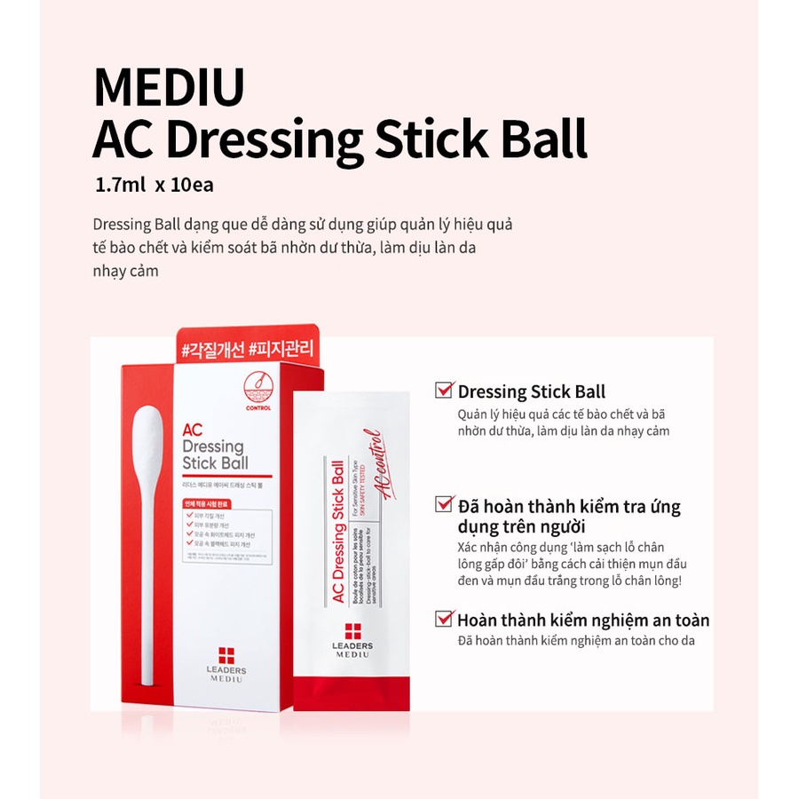 Bông Tẩm Tinh Chất Hạn Chế Mụn LEADERS MEDIU AC DRESSING STICK BALL_Mỹ phẩm Hàn Quốc chính hãng