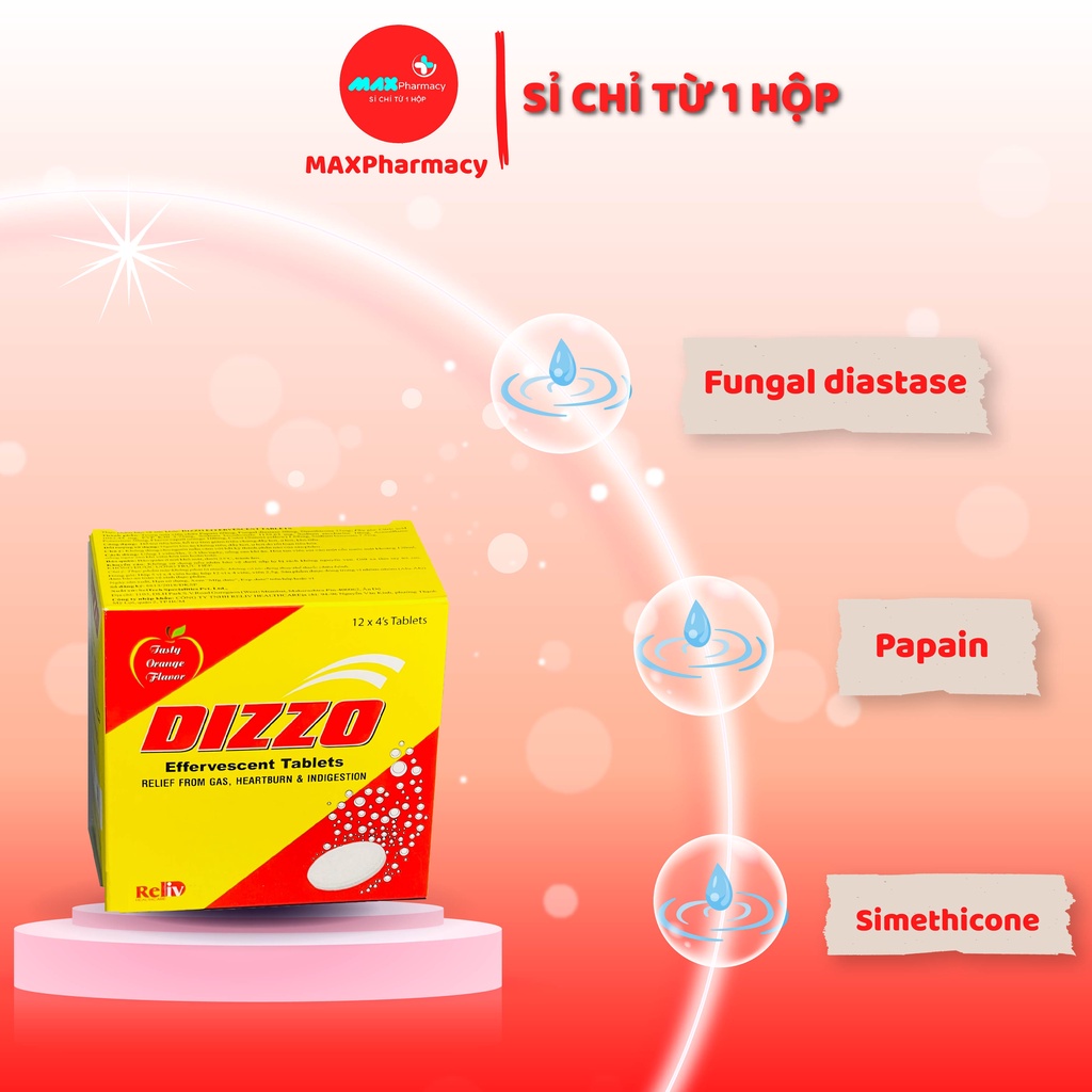 HỘP 48 Viên Sủi Làm Hỗ trợ tiêu hoá Giảm đầy hơi, khó tiêu DIZZO Effervescent Vị Cam - Maxpharmacy