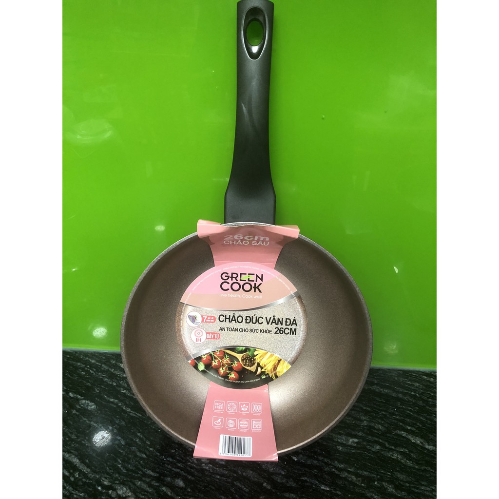 Chảo đúc vân đá đáy từ sâu lòng Green Cook 18/20/26/30cm (MÀU HỒNG DỄ THƯƠNG)