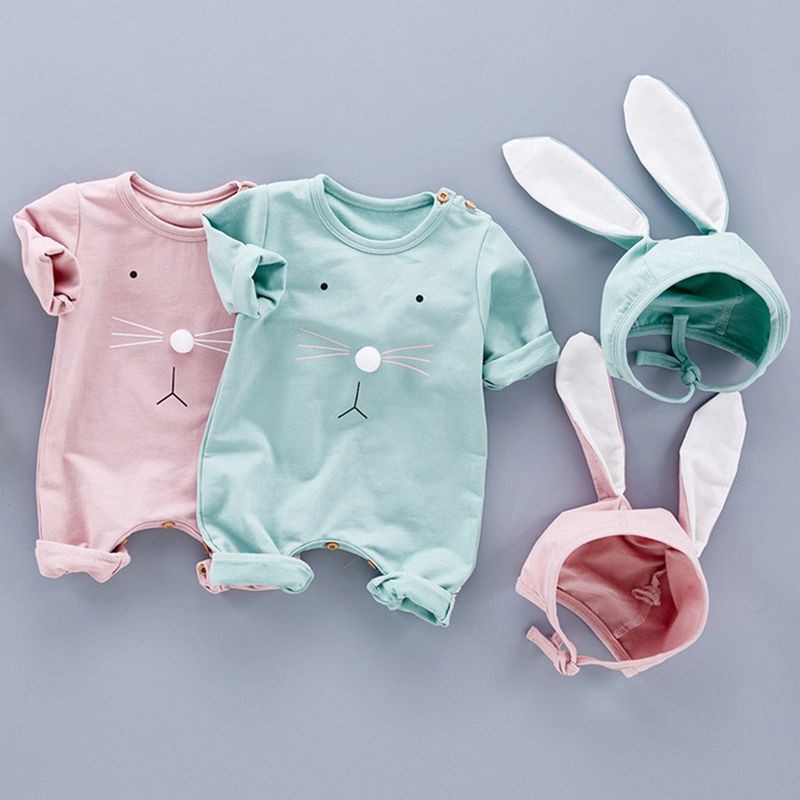 Jumpsuit Cotton Dài Tay , In Họa Tiết Chú Thỏ Dễ Thương Cho Bé