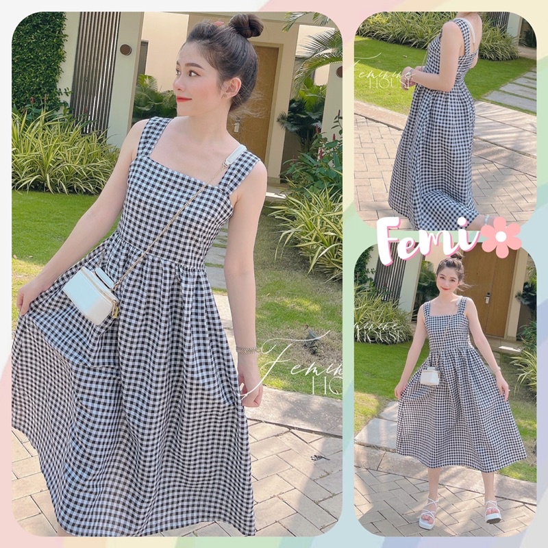 Đầm Caro Hai Dây, váy caro phom chữ a, váy kẻ xinh xắn, đầm caro linen
