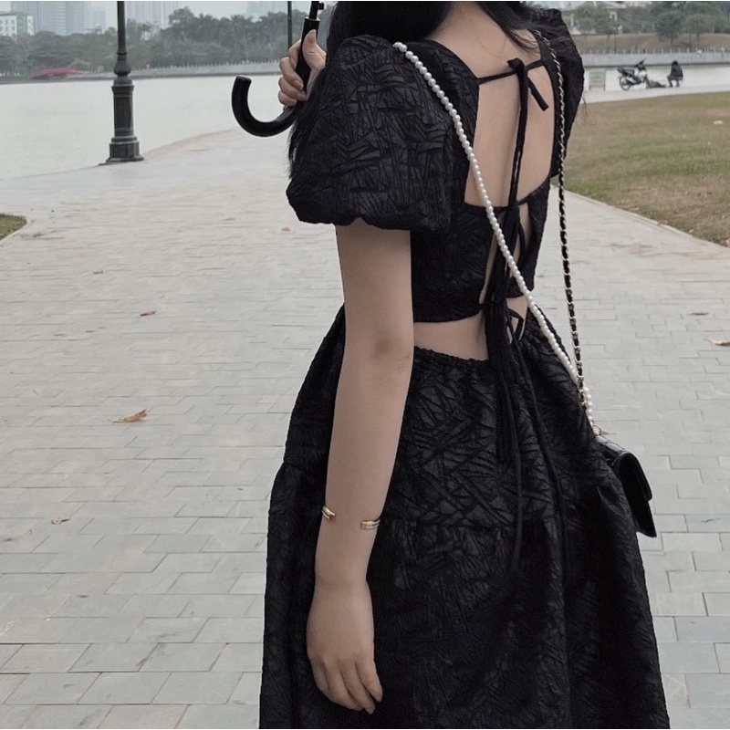 Váy cổ vuông tay bồng cách điệu hở lưng buộc dây cao cấp V02 – ,SKU : >>>🇻🇳 Top1Vietnam 🛒>>> shopee.vn 🇻🇳🇻🇳🇻🇳🛒🛍🛒