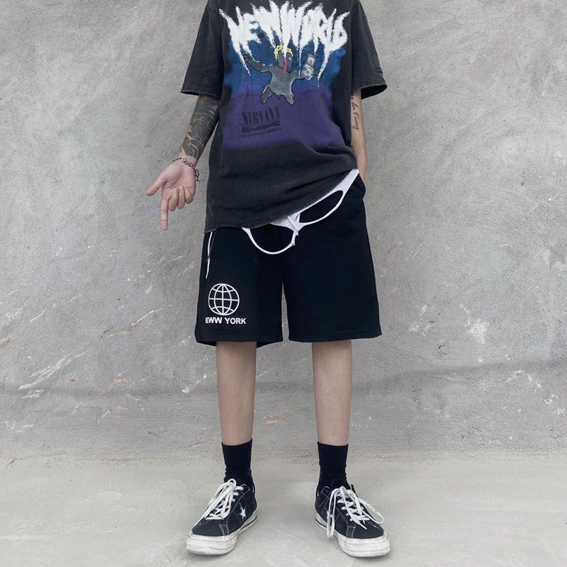 Quần đùi nam New York địa cầu - quần short ống rộng nam nữ Unisex