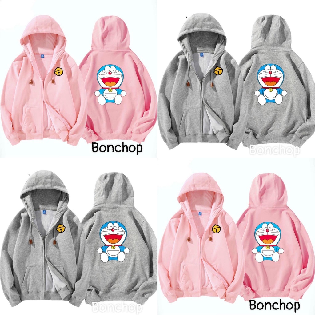 Áo khoác Doreamon có nón 2 màu hồng, xám khóa kéo cho bé