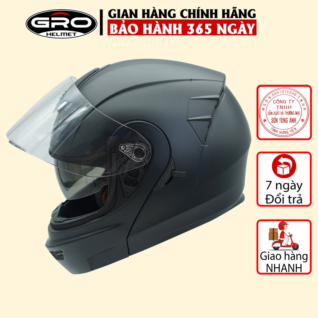 Mũ Bảo Hiểm Fullface GRO Helmet Chính hãng, thiết kế 2 kính lật hàm, khóa kim loại chắc chắn - Đen Nhám