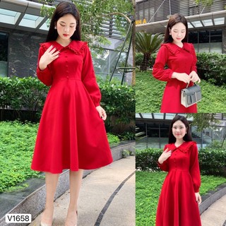 Váy Đỏ Xoè Cổ Bẻ DVC (Mã V1658)