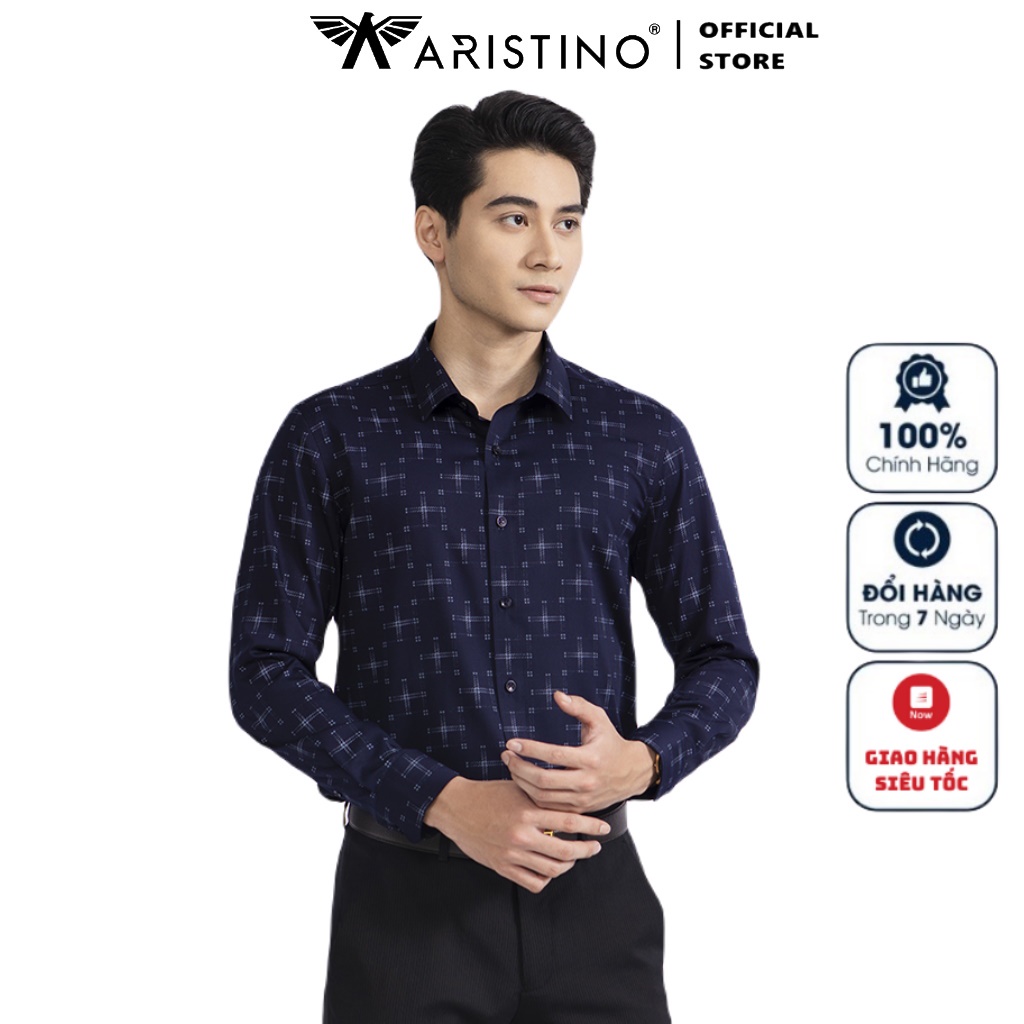 Áo Sơ Mi Nam Dài Tay ARISTINO ALS39502 Somi Công Sở Cao Cấp màu xanh tím than in vải sợi sồi dáng ôm tà lượn không túi