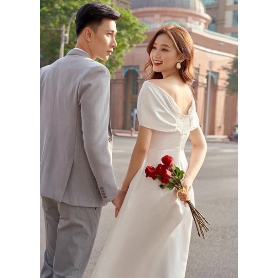 Đầm váy trắng đi tiệc trễ vai chun sau