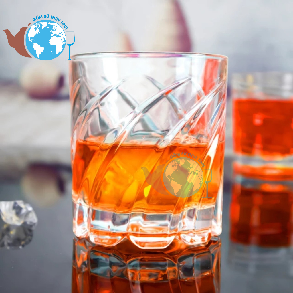 Ly thủy tinh ụ xoay lớn 280ML  logo uống WHISKY , cốc tròn xoay thủy tinh Deli KB054A cao cấp