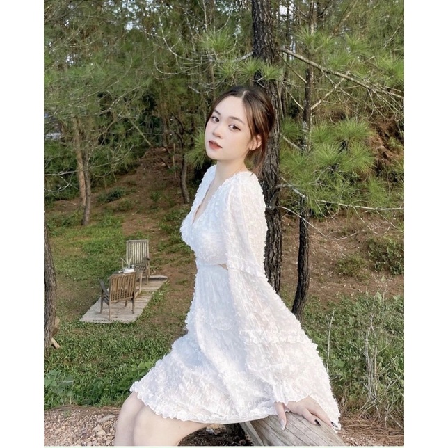 Đầm lông trắng tay dài khoét/cut eo hở lưng độc lạ sang trọng, đầm váy ngắn xoè tiểu thư công chúa hot girl dễ thương
