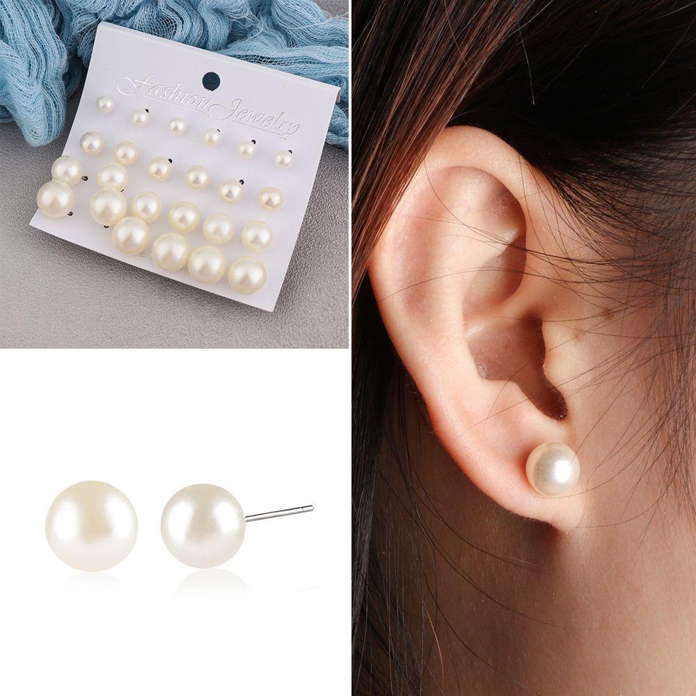 12 Đôi Bông Tai Màu Đen / Be Thời Trang Nữ Tính