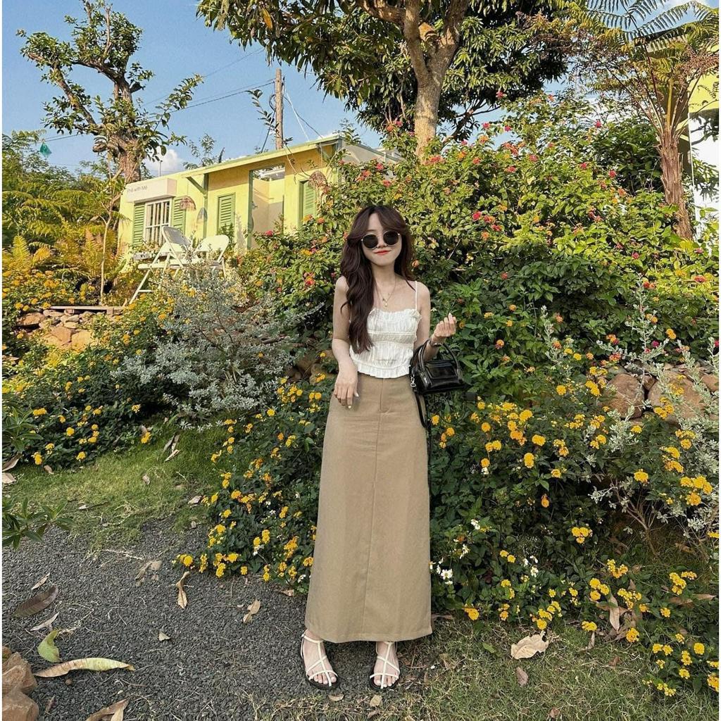 Set bộ áo thun zip khoét vai mix chân váy dài kaki, Set áo 2 dây mix chân váy kaki